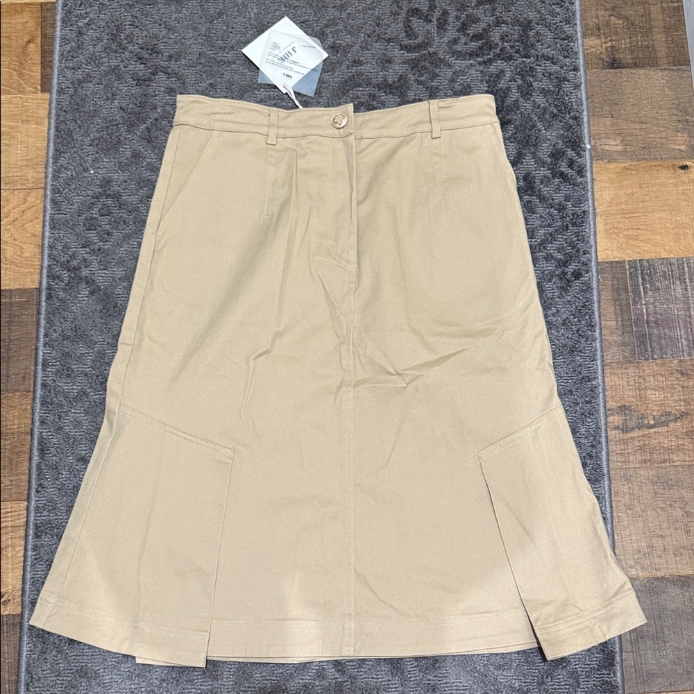 Neutral Beige Midi A-Line Skirt with Front Panels